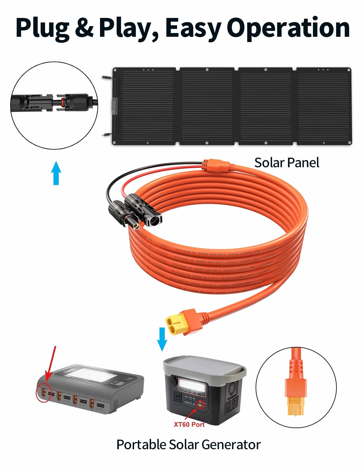 Kabel do ładowania solarnego 3 m, wtyczka solarna na wtyk XT60, adapter do panelu słonecznego, kabel do ładowania do stacji Bluetti Ecoflow Power Stations, EF DELTA 2, River Pro MAX, 12AWG 4 mm², 3