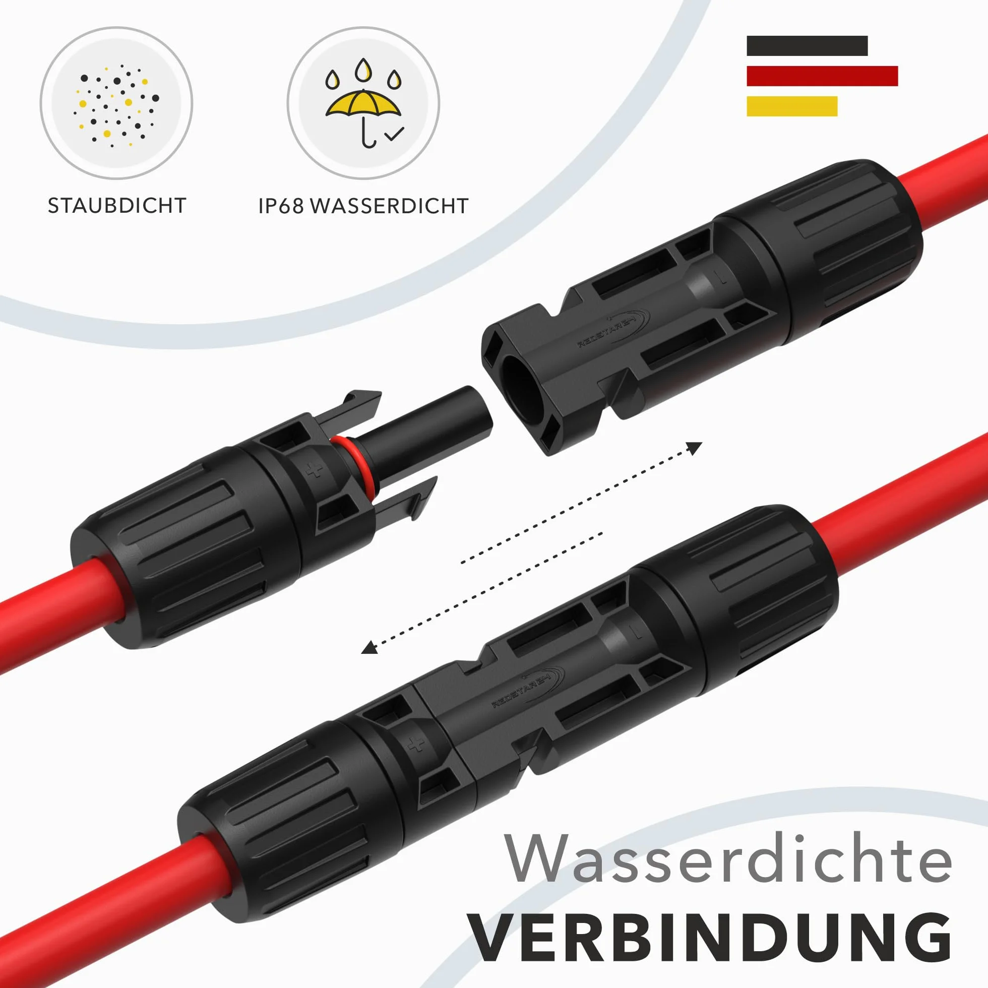 RedStar24 Kabel solarny 6mm² - 2m - odporny na UV, kabel fotowoltaiczny, kabel PV, przedłużacz solarny IP68 do paneli słonecznych, falowników i regulatorów ładowania - trwały