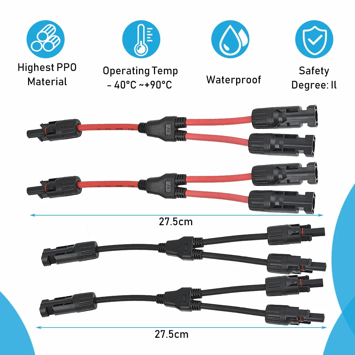 2 pary kabli solarnych, rozdzielacz Y, kabel do paneli słonecznych MMF+FFM do równoległego przyłącza fotowoltaicznego, wtyczka do paneli słonecznych, przyłącze solarne, adapter równoległy do