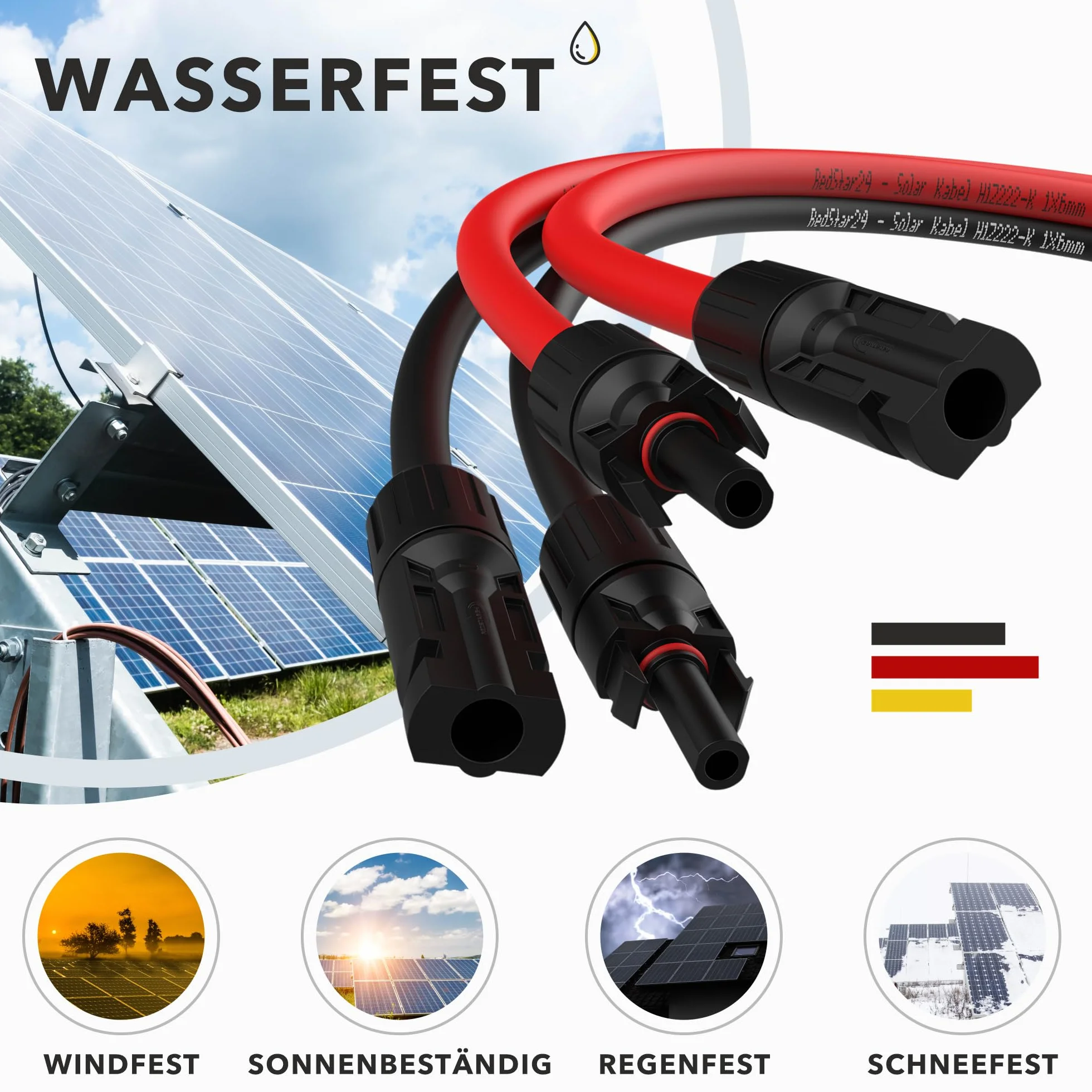RedStar24 Kabel solarny 6mm² - 2m - odporny na UV, kabel fotowoltaiczny, kabel PV, przedłużacz solarny IP68 do paneli słonecznych, falowników i regulatorów ładowania - trwały