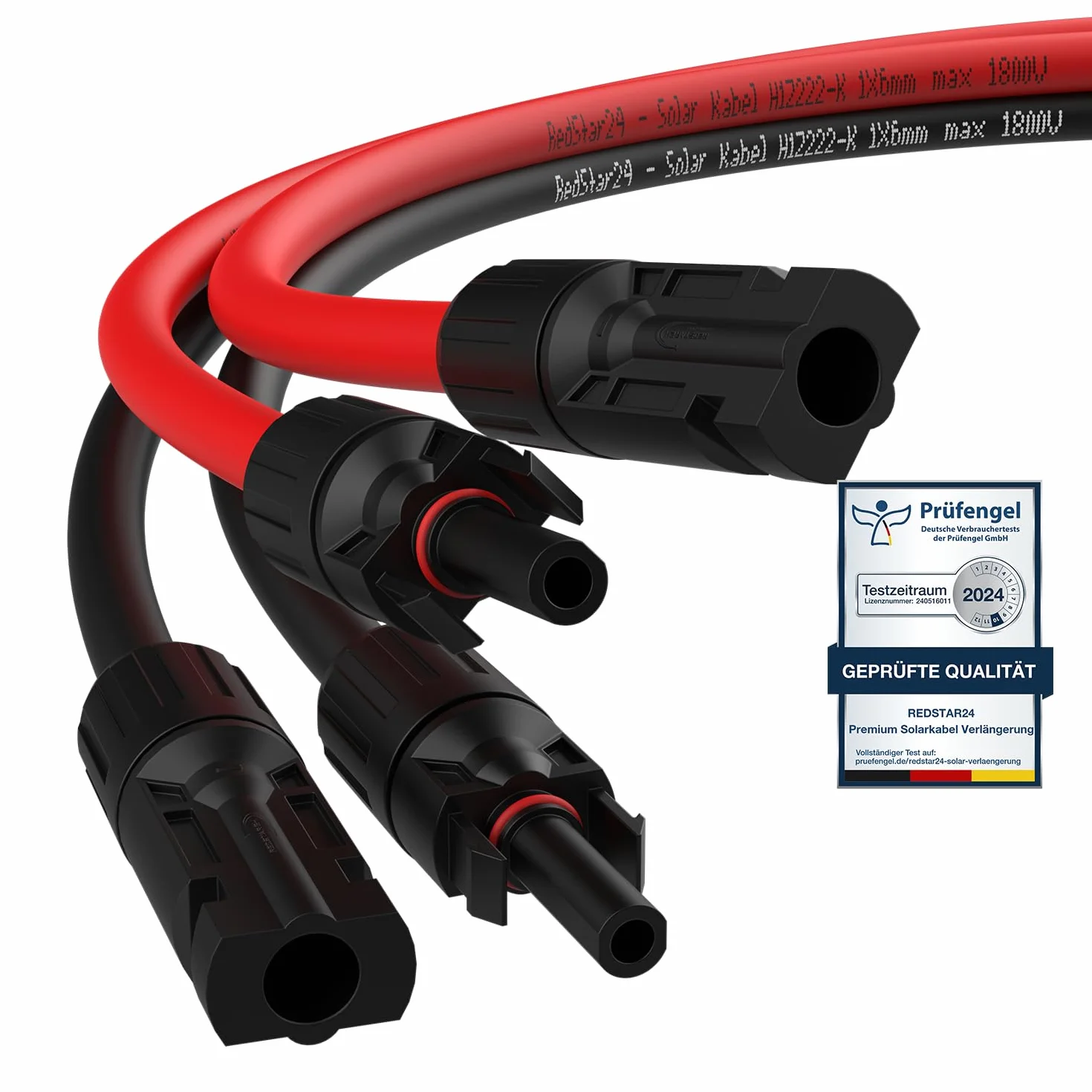 RedStar24 Kabel solarny 6mm² - 2m - odporny na UV, kabel fotowoltaiczny, kabel PV, przedłużacz solarny IP68 do paneli słonecznych, falowników i regulatorów ładowania - trwały