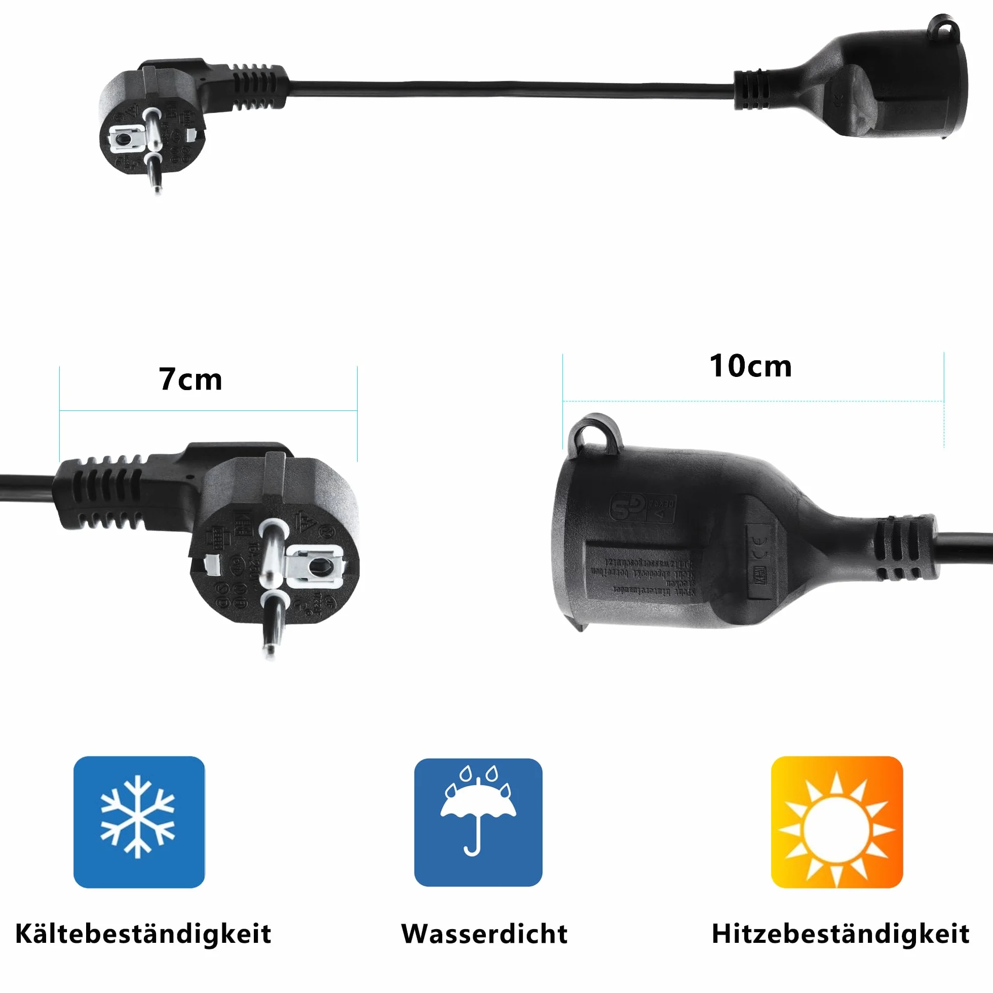 Przedłużacz zewnętrzny z wtyczką Schuko, 90 stopni, krótki kabel przedłużający AC Shucko, kabel sieciowy, przedłużacz do gniazdka, czarny, 3 x 1,5 mm², 16 A, 250 V, IP44, do domu, biura (90