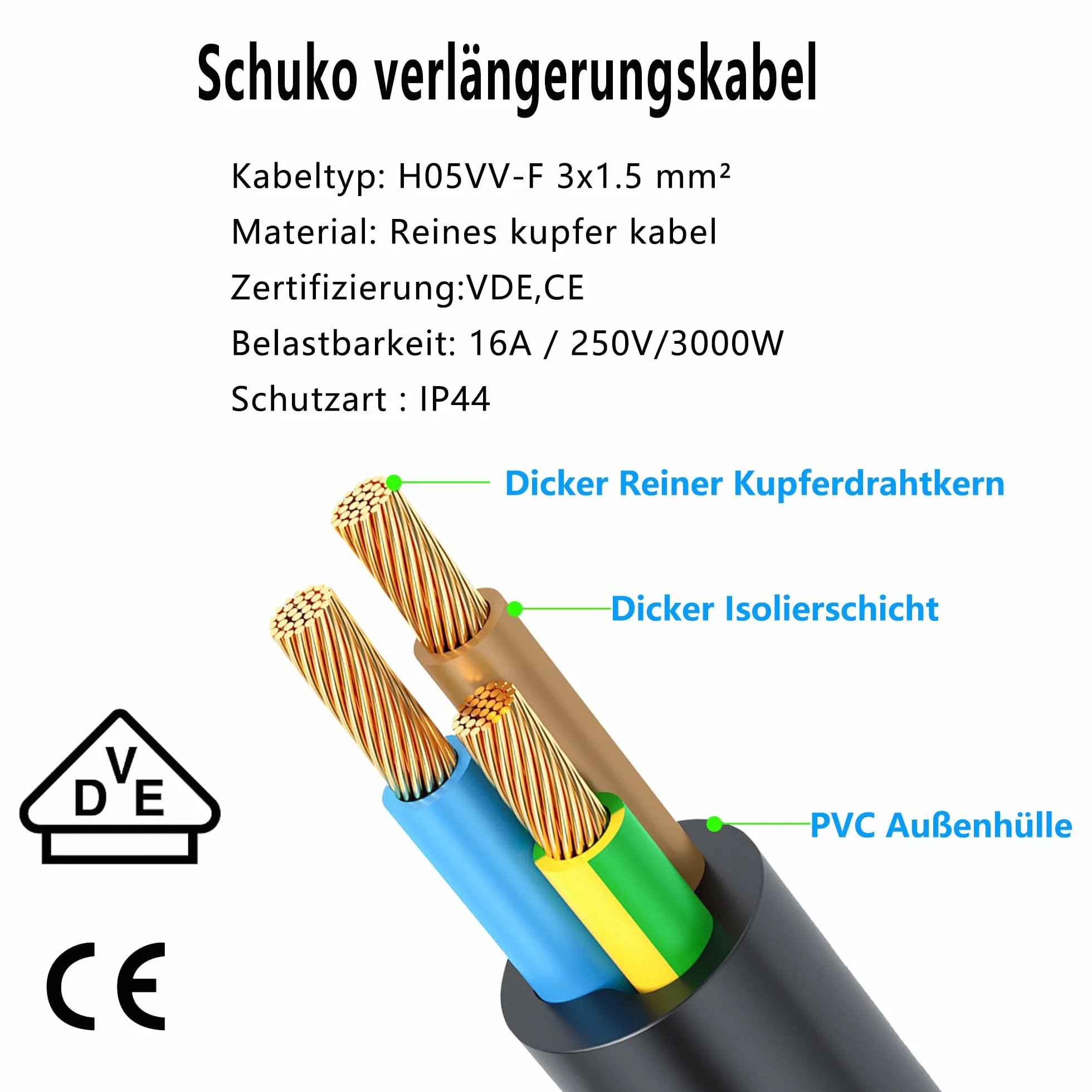Przedłużacz zewnętrzny z wtyczką Schuko, 90 stopni, krótki kabel przedłużający AC Shucko, kabel sieciowy, przedłużacz do gniazdka, czarny, 3 x 1,5 mm², 16 A, 250 V, IP44, do domu, biura (90