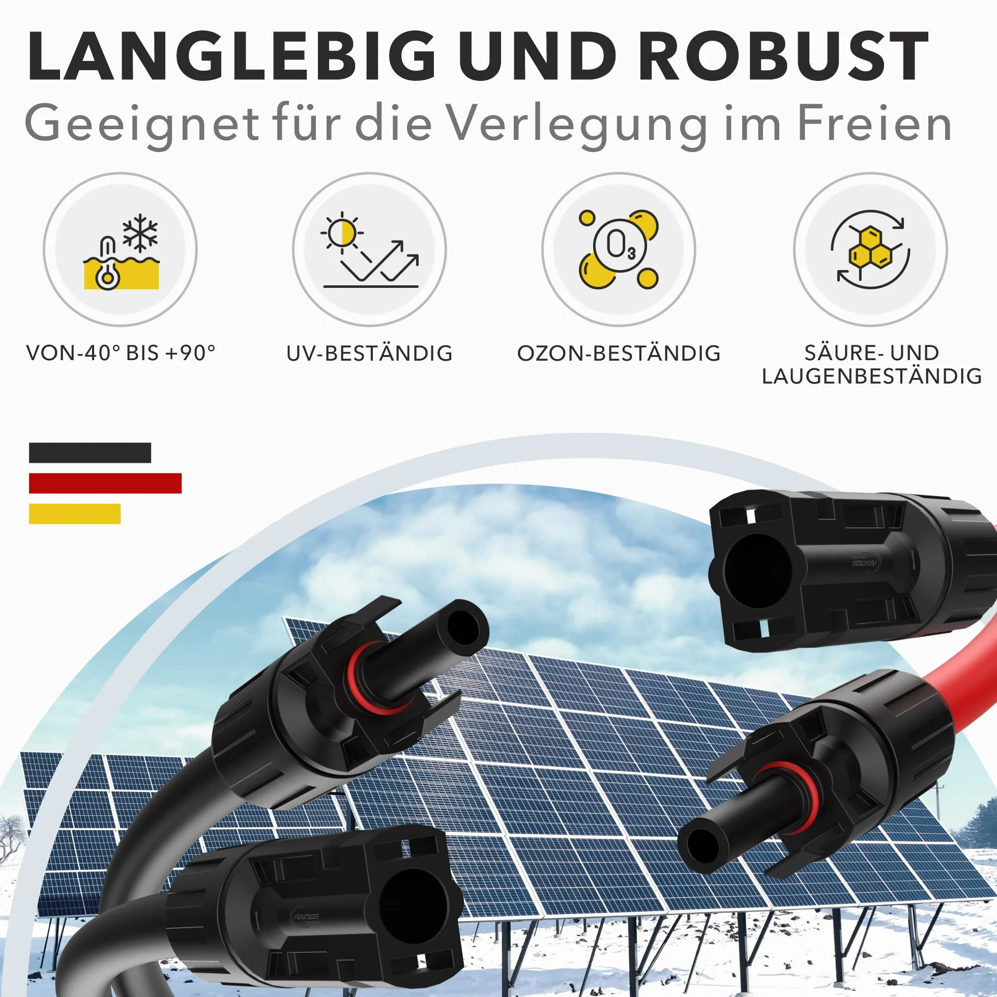 RedStar24 Kabel solarny 6mm² - 2m - odporny na UV, kabel fotowoltaiczny, kabel PV, przedłużacz solarny IP68 do paneli słonecznych, falowników i regulatorów ładowania - trwały