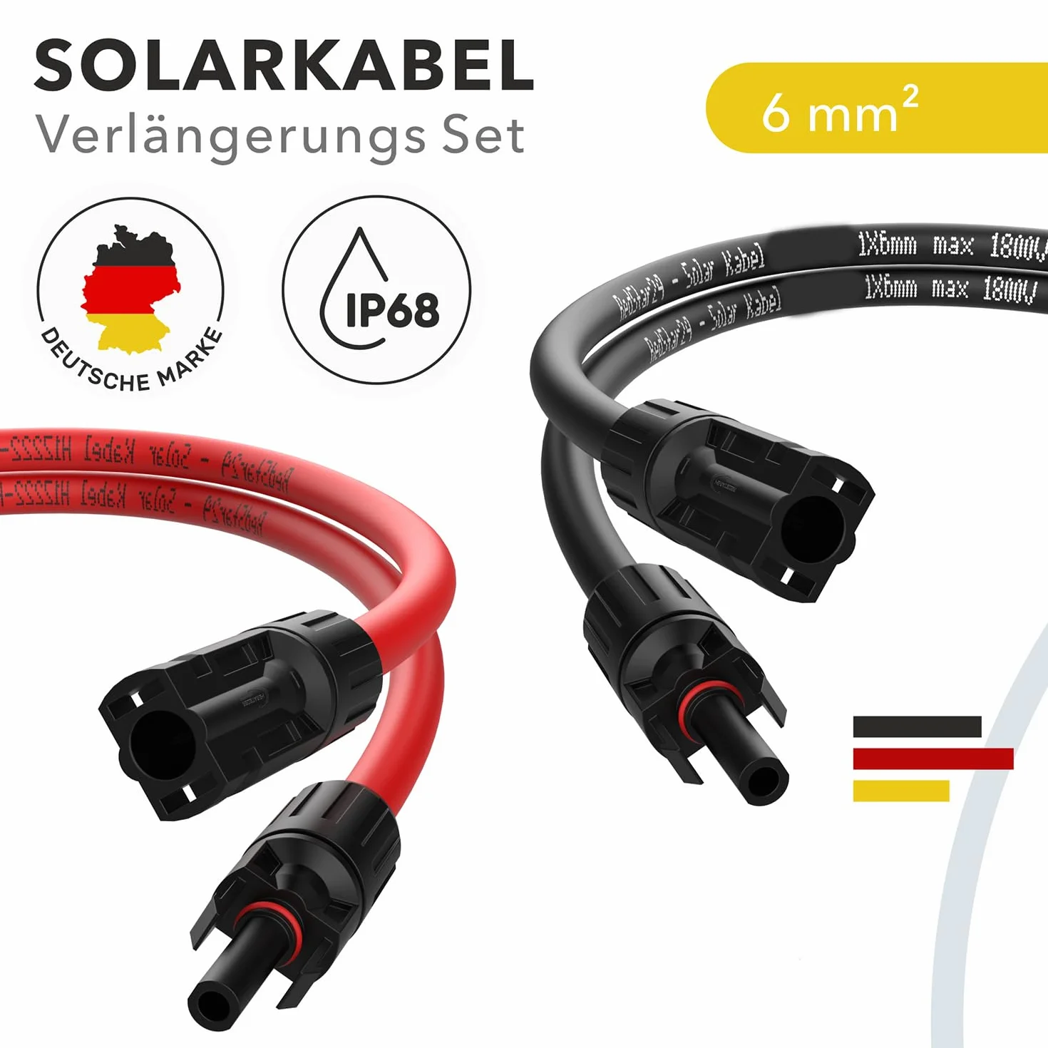 RedStar24 Kabel solarny 6mm² - 2m - odporny na UV, kabel fotowoltaiczny, kabel PV, przedłużacz solarny IP68 do paneli słonecznych, falowników i regulatorów ładowania - trwały