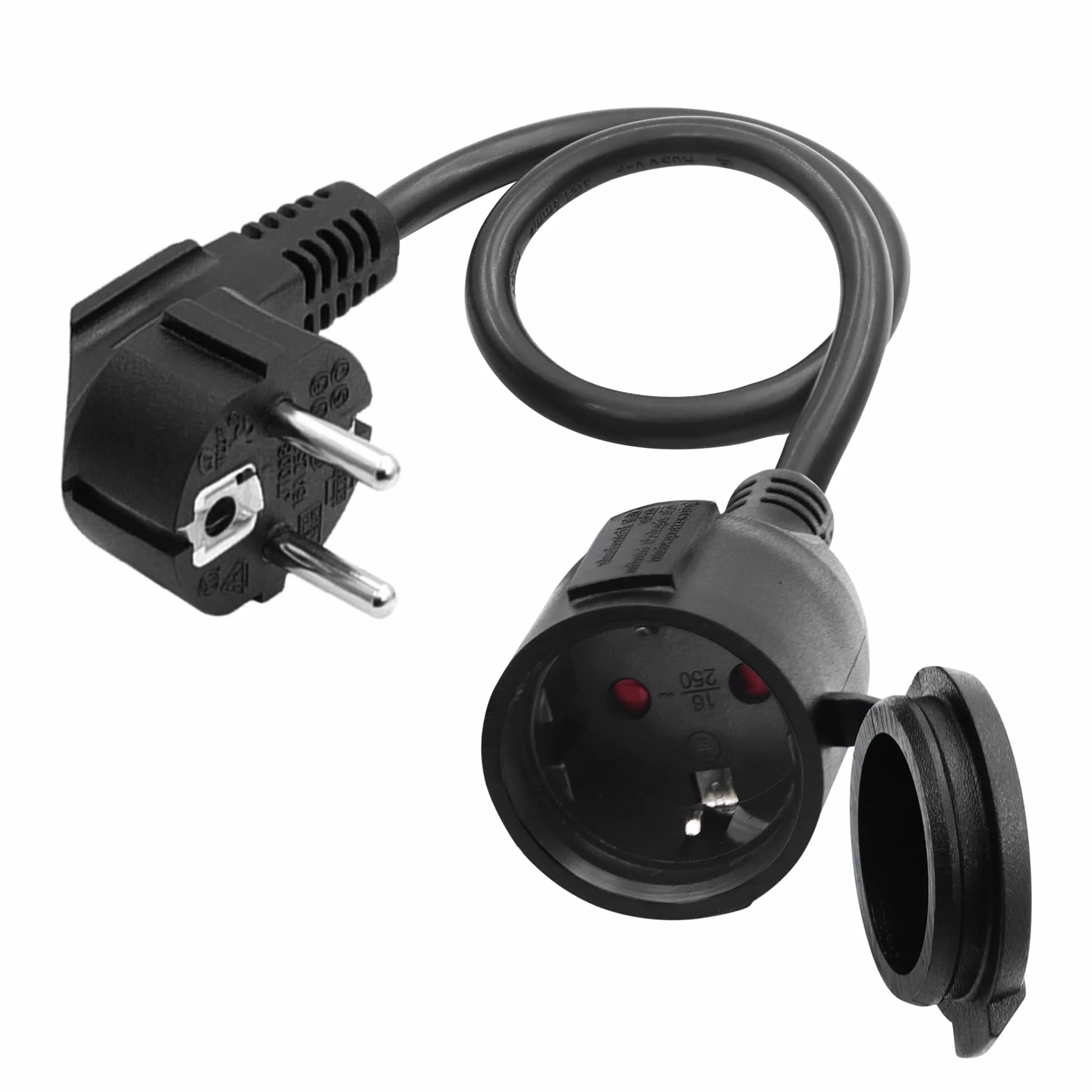 Przedłużacz zewnętrzny z wtyczką Schuko, 90 stopni, krótki kabel przedłużający AC Shucko, kabel sieciowy, przedłużacz do gniazdka, czarny, 3 x 1,5 mm², 16 A, 250 V, IP44, do domu, biura (90