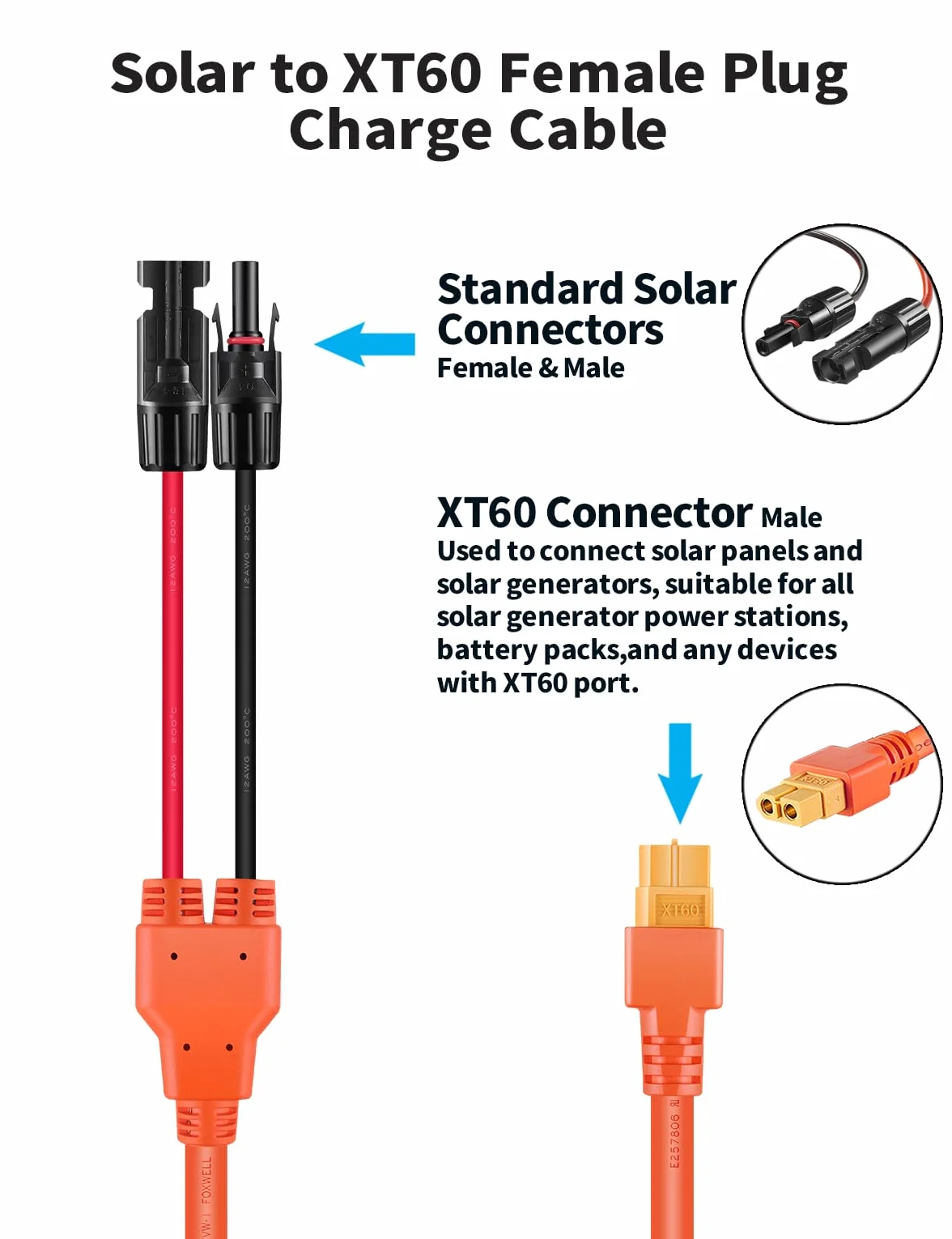 Kabel do ładowania solarnego 3 m, wtyczka solarna na wtyk XT60, adapter do panelu słonecznego, kabel do ładowania do stacji Bluetti Ecoflow Power Stations, EF DELTA 2, River Pro MAX, 12AWG 4 mm², 3